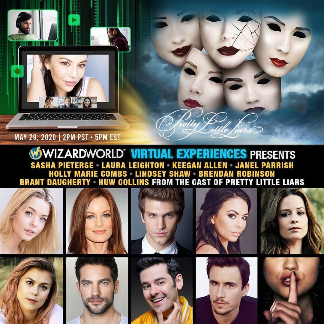 ブラント・ドーハティのインスタグラム：「It’s happening! I wish we could come see you all in person but this is the next best thing. Link to tickets in my bio! Wizard World Virtual Experiences is bringing Pretty Little Liars to the virtual screen on Friday, May 29! Join Sasha Pieterse (Alison DiLaurentis / Alison Rollins), Laura Leighton (Ashley Marin), Keegan Allen (Toby Cavanaugh), Janel Parrish (Mona Vanderwaal), Holly Marie Combs (Ella Montgomery), Lindsey Shaw (Paige McCullers), Brendan Robinson (Lucas Gottesman), Brant Daugherty (Noel Kahn) and Huw Collins (Dr. Elliott Rollins / Archer Dunhill) for an interactive afternoon which includes a FREE live moderated video Q&A, plus one-on-one video chats, recorded videos and autographs! This event starts at 2pm PT / 5pm ET.  Fans can virtually attend sessions on their computers and mobile devices.  As part of the event, FANS ACROSS THE GLOBE can: Submit questions via chat during the FREE 45-minute panel featuring our celebrity guests (open to everyone, no entry fee to watch or submit) Participate in a personal, exclusive two-minute live video chat with each celebrity (paid) Purchase a recorded video from the nine guests (specifying the message if desired) Purchase an autograph on an 8”x10” photo. (Shipping is included on all Autographs.) 🎟️ GET YOUR TICKETS NOW: wizardworldvirtual.com MAY 29 2020 #WizardWorld #WizardWorldVirtualExperiences #PLLVirtualExperiences #PrettyLittleLiars #pll」