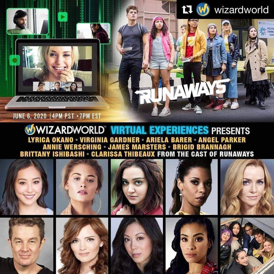 のインスタグラム：「This should be fun! 💥⚡️💥 #Repost @wizardworld with @get_repost ・・・ Wizard World Virtual Experiences is bringing Marvel's Runaways to the virtual screen on Saturday, June 6!  Join @lyrica.okano (Nico Minoru), @ginnygardner (Karolina Dean), @arielabarer (Gert Yorkes / Xavin), @angelparkerla (Catherine Wilder), @anniewersching (Leslie Dean), @jamesmarstersof (Victor Stein / Jonah), Brigid Brannagh (Stacey Yorkes / Jonah's Wife), @brittishibashi (Tina Minoru / Teena / Xavin as Tina), and Clarissa Thibeaux (Xavin / Unfamiliar Voice) for an interactive afternoon which includes a FREE live moderated video Q&A, plus one-on-one video chats, recorded videos and autographs! This event starts at 4pm PT / 7pm ET.  Fans can virtually attend sessions on their computers and mobile devices.  As part of the event, FANS ACROSS THE GLOBE can:  Submit questions via chat during the FREE 45-minute panel featuring our celebrity guests (open to everyone, no entry fee to watch or submit)  Participate in a personal, exclusive two-minute live video chat with each celebrity (paid)  Purchase a recorded video from the nine guests (specifying the message if desired)  Purchase an autograph on an 8”x10” photo. (Shipping is included on all Autographs.) 🎟️ GET YOUR TICKETS NOW: wizardworldvirtual.com June 6 2020 #WizardWorld #WizardWorldVirtualExperiences #RunawaysVirtualExperiences #MarvelsRunaways」