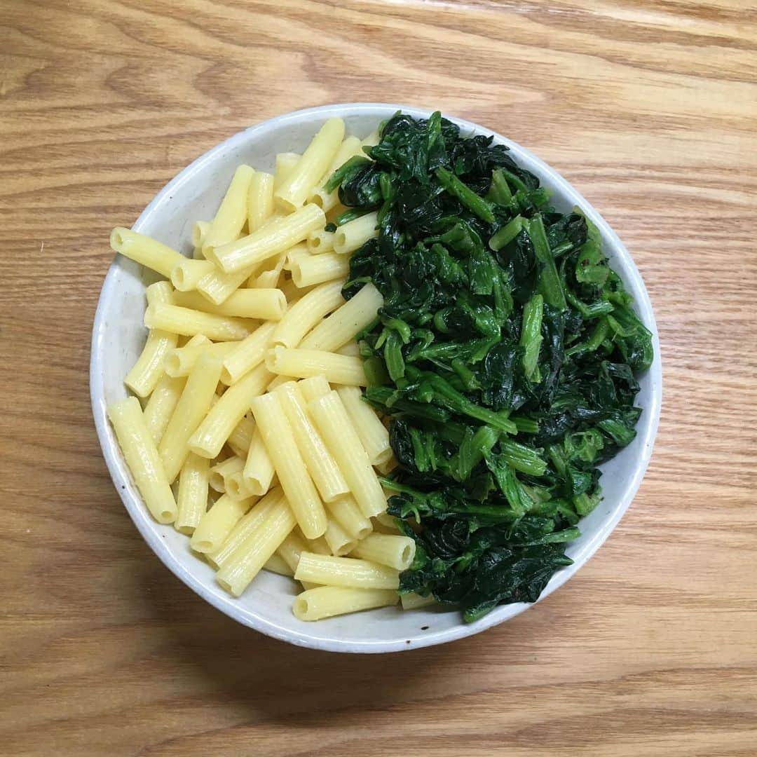 のインスタグラム：「自作マカロニほうれん草！ 茹で上げたマカロニにバターと塩を絡めて、冷凍ほうれん草のソテーを添えて出来上がり。シンプルだけどウマウマウー。noteに詳しく書いたのでそちらもご覧になってくださいね。 #マカロニほうれん草  #マカロニほうれん荘  #マカロニ #マカロニは偉い #小野瀬雅生 #ウマウマウー #スキスキスー  #偏愛マカロニ」