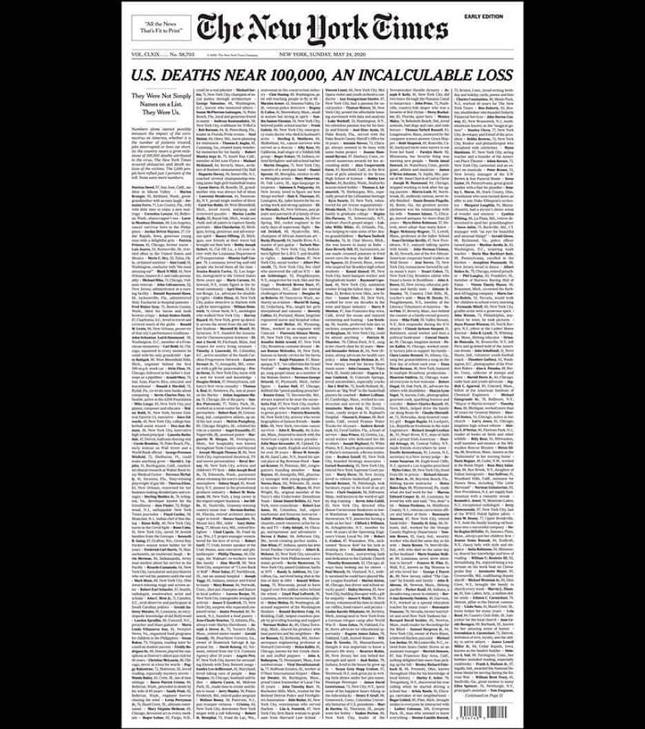 キャロル・ラドジウィルのインスタグラム：「The front page of the Sunday New York Times.  Above and below the fold. "They were not simply names on a list. They were us." • • May 24, 2020. Memorial Day, it's not just the start of summer. #Frontpage #memorialdayweekend 🙏🇺🇸」