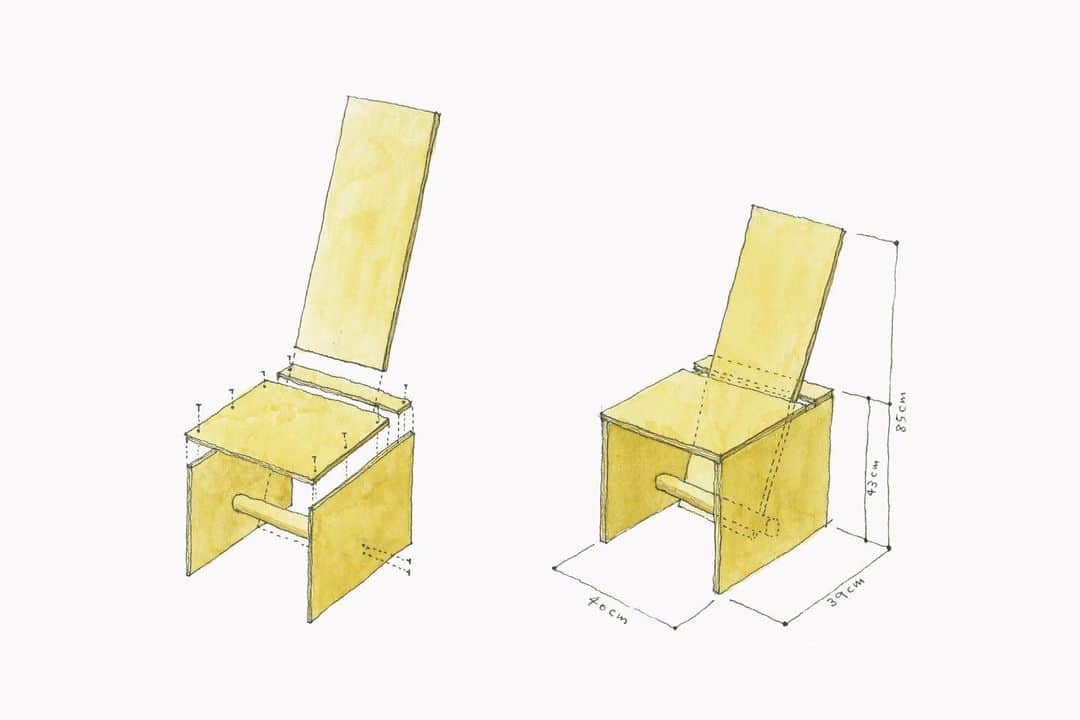 graf studioさんのインスタグラム写真 - (graf studioInstagram)「【 HOME KIT 椅子 】﻿ ﻿ grafではご自宅で手を動かして遊び、学べるキット「HOME KIT」を提案しています。﻿ ﻿ 第5弾は、天王寺に移転し新しくできるSTANDARD BOOKSTOREのためにデザインした椅子をキットにしたもの。STANDARD BOOKSTOREではワークショップにより椅子を製作しています。﻿ ﻿ この椅子は、足元のぬきを利用して背もたれの板の角度を検証しています。安定感があり見た目よりも座り心地の良さがあります。﻿ 背板を抜くとスツールやサイドテーブル、裏返すと棚としても扱うことができるかもしれません。シンプルな構造ならではの機能性があるので使い手の想像力でご自由に楽しんでいただければと思います。新しい使い方を思いついたらぜひ教えていただけると嬉しいです。﻿ ﻿ 数日中に図面の無償公開を行います。厚さ15-18mmのベニヤ板とネジをご準備いただくか、木目の違いを考慮して3/6板からカットすれば2台作ることもできますのでご自身で材料を調達することも可能です。﻿ ﻿  HOME KIT 椅子﻿ ﻿ ◼︎キット内容﻿ ・図面﻿ ・組立説明書﻿ ・材料  ベニヤ部品（切り出し済）、サンドペーパー、ビス ﻿ ◼︎販売価格 ¥8,500（送料込み、税別）﻿ ﻿ ◼︎受付﻿ 受注締め切りは5月26日（火）23:59とさせていただきます。発送は29日（金）を予定しています。﻿ 椅子のKITは今回のみの受注となりますのでご注意ください。﻿ ﻿ 詳細はonline shopにて。  #homekit #grafhomekit #keepintouch #椅子 #chair #chairdesign #デザイン #kit」5月24日 18時38分 - graf.studio