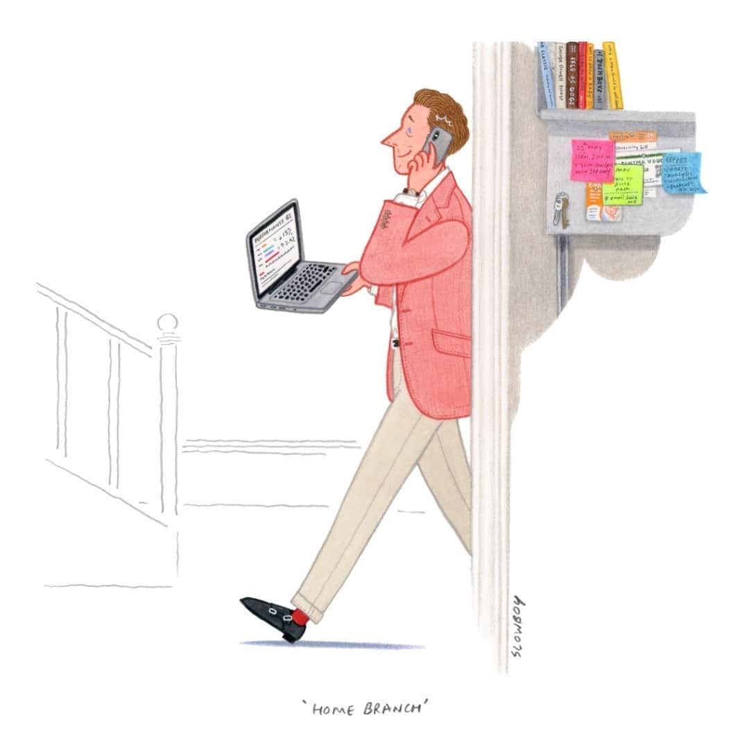 ハケットのインスタグラム：「Presenting the second illustration from @mr.slowboy, which captures the familiar stance we’ve all come to recognise during this time of working from home. At Hackett, we believe in always dressing to impress. ⠀ Anytime. Anywhere. ⠀ At Hackett, we STAY Caring, we #STAYHackett.⠀」