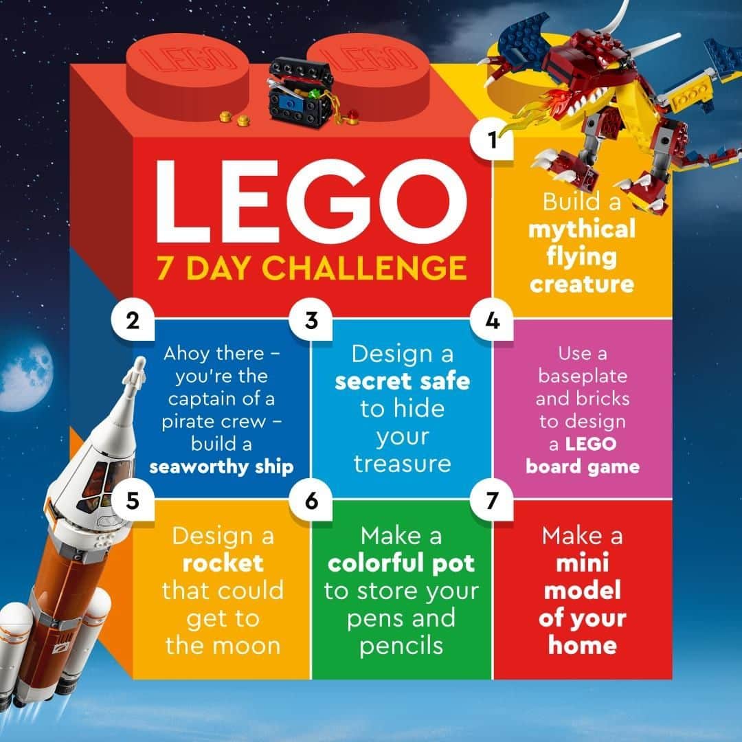 LEGOさんのインスタグラム写真 - (LEGOInstagram)「Here are 7 days of build challenges for your kids to try at home this week! 🚀  Share your family's creations with #LetsBuildTogether  #LEGO #LearningThroughPlay #learning」5月25日 20時00分 - lego