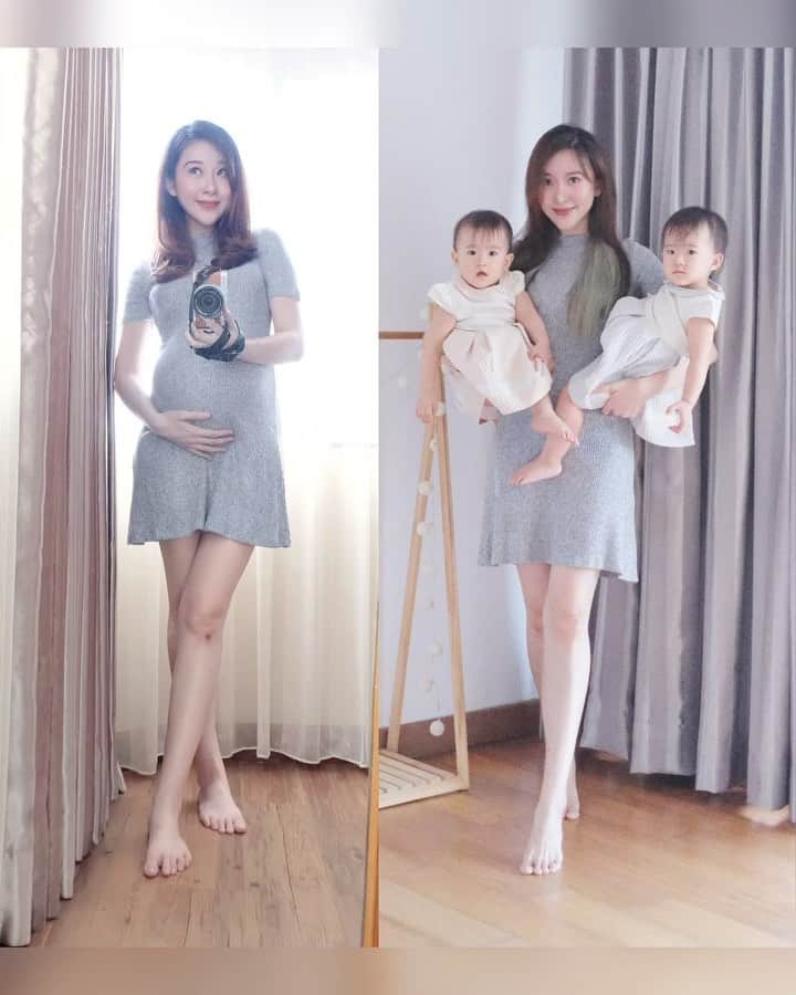 ジェシカ・ヤマダのインスタグラム：「5 months in, 15 months out 👯‍♀️ Lagi foto sama @jessbebes pakai dress yang aku pakai waktu nyanyi #BellyBoopBoop, sekalian deh bikin before after. 🤰🏻👩‍👧‍👧😍 . Waktu itu lagi hamil #week22, perutnya masih manusiawi wkwk. Not long after that, well... kalo liat foto2 #jess🥚 kadang masih mindblown sendiri, kok bisa ya waktu itu perut nyampe segede gitu. 🤯🤣 Sekarang Arwen Arya udah lari mulu, berat masing2 udah 10kg, time fliesss! 😹💕 . Oyaa, ini instrumen gitarnya dari @andrisuki thank youu 😆🎶 . . #jess🥚 #twinpregnancy #twinmom #jessbebes #twingirls #lifewithtwins」