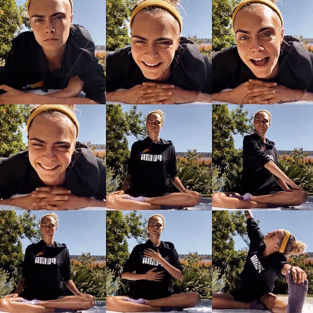カーラ・デルヴィーニュのインスタグラム：「Love my weekly yoga sesh with the absolute best @colindunsmuir. Keeps me balanced and focus and sane - and I love that you all can join in too 🤍」