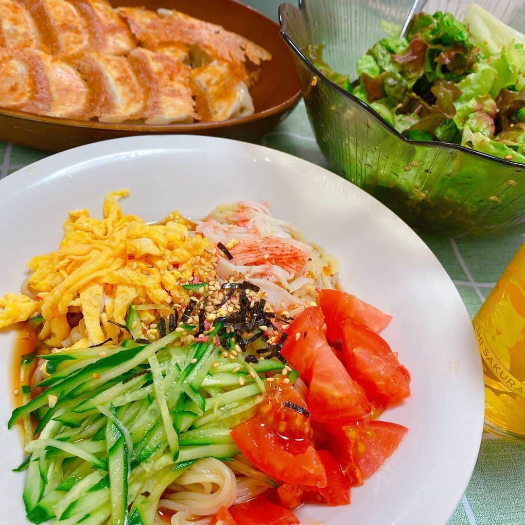 山西章博のインスタグラム：「今日のご飯。冷やし中華解禁なのさ！ #冷やし中華 #醤油ダレ #餃子 #無限ごま油サラダ  #料理研究家リュウジさん  #初心者主夫」