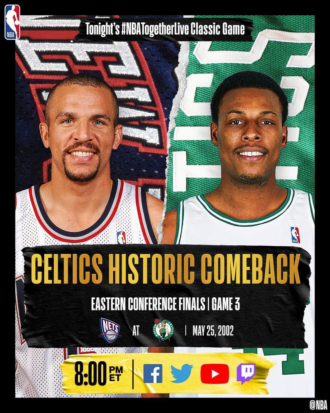 NBAさんのインスタグラム写真 - (NBAInstagram)「Tonight’s #NBATogetherLive Classic Game will feature a @celtics historic comeback against the Nets in Game 3 of the Eastern Conference Finals (5/25/2002)! We’re streaming it live & watching together on @NBA Twitter, Facebook, YouTube and Twitch at 8:00pm/et.」5月26日 5時49分 - nba