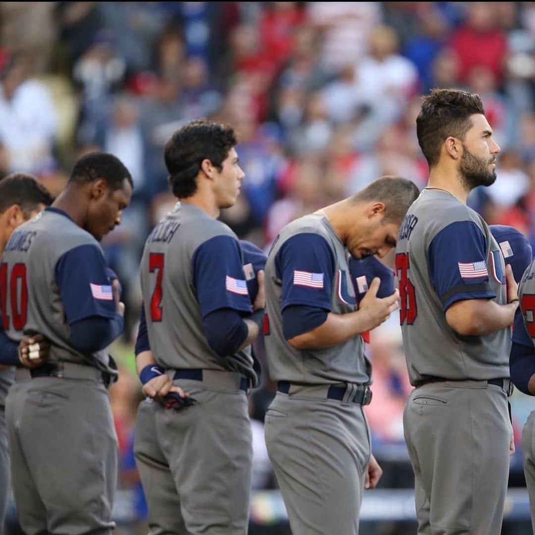 エリック・ホズマーのインスタグラム：「My job is to play America’s Pastime. That’s humbling. The chance to do it wearing these colors, even more so. Grateful today and every day for those who gave it all for our freedom. #memorialday @usabaseball」