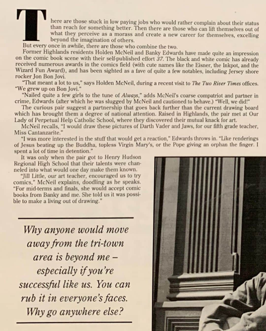 ケヴィン・スミスさんのインスタグラム写真 - (ケヴィン・スミスInstagram)「FAKE NEWS TOO! Quarantine cleaning my office and I found all the fake newspaper stories about the rise of comic book men Holden McNeil and Banky Edwards that, with the @allredmd #bluntmanandchronic art, made up the opening credits of my 1997 film CHASING AMY. This faux article was from the #tworivertimes (a Red Bank newspaper which was once owned by #geraldorivera). The article charts the emergence of BankHoldUp - the comic book company the boys begin with a black & white book called “37.” I wrote all the fake news myself so each piece included backstory and foreshadowing. In this Two River Times tale (fictionally credited to actual Two River Times journalist Claudia Ansorge), Banky and Holden not only reveal that they’re looking for a Red Bank office (where the story took place in much of #chasingamy), you can also see the start of their fraying dynamic (with Banky being an obnoxious loudmouth and Holden coming off more like a thoughtful artist). And it doesn’t take an analyst to see how the Holden and Banky rise from obscurity to local fame with a black & white comic book parallels my own story with #Clerks. Their more mainstream Bluntman & Chronic comic was a commentary on how I had depicted @jayandsilentbob in #Mallrats versus how they are presented in Clerks (as @jaymewes points out before they leave the diner). Yet ironically, it was the self-critical creation of #Bluntman and #Chronic in 1996/97 that would eventually furnish the plot devices for both #jayandsilentbobstrikeback and #jayandsilentbobreboot (including the Holden Reboots bit, which may be my favorite scene I’ve ever written). Keen eyes will notice a flashback reference to Mallrats and a flash-forward reference to #Dogma. Also pictured: a ticket stub for Amy and a promotional bar coaster and notepad (that looks like a book of matches). Tomorrow I’ll show you more fake headlines and articles about the rise of Holden and Banky. #KevinSmith #bluntmanandchronic #movies #movieprops #benaffleck #jasonlee」5月26日 23時30分 - thatkevinsmith