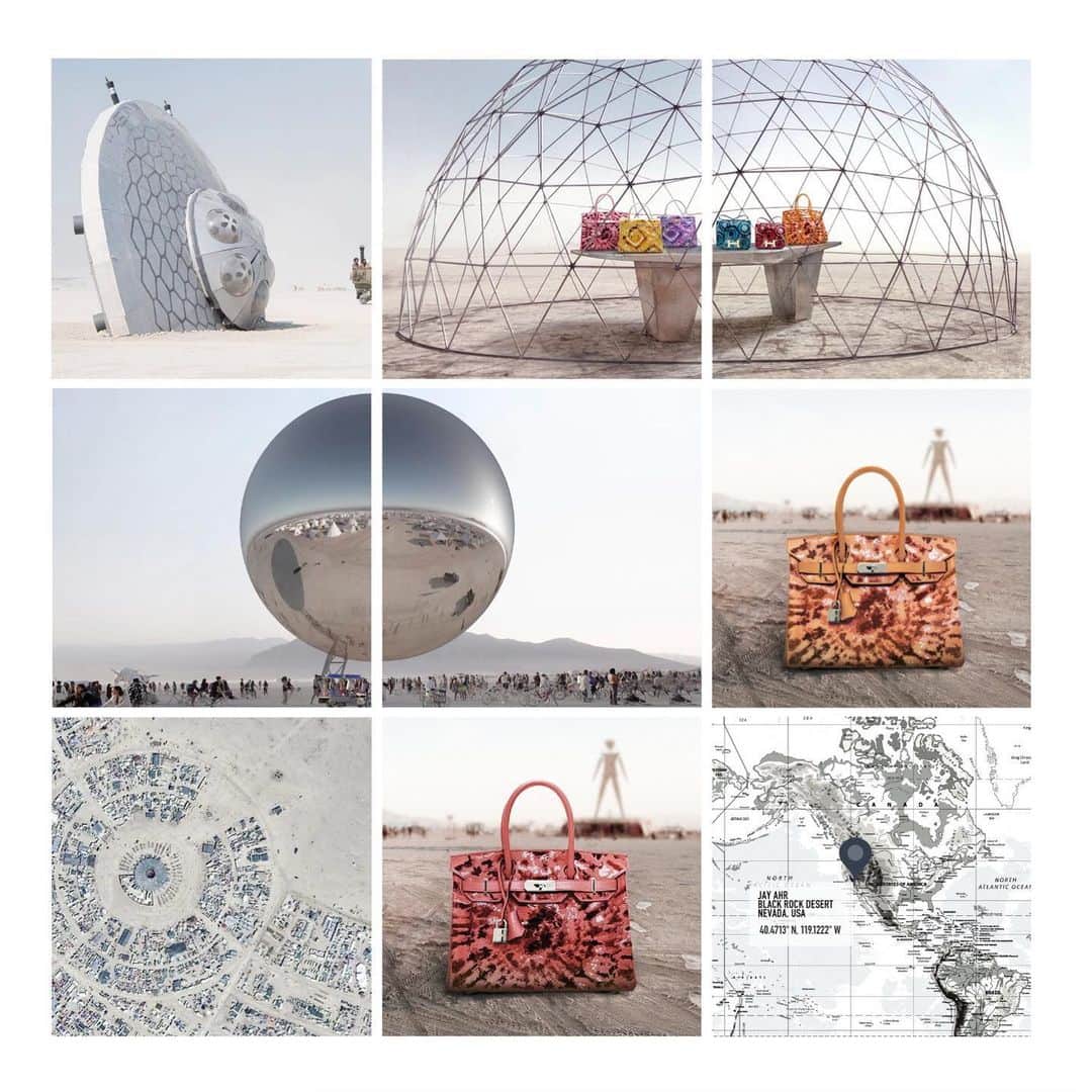 のインスタグラム：「Destinations, destinations everywhere,  nor any trip to take.  During these unprecedented times, Jay Ahr invites you on an imaginary journey across the world.  First stop is Burning Man, one of the great annual transformation projects, that sees the Nevada desert become a haven of eccentric creativity.  This potent display of a global community in action is where we showcase our Tie-Dye designs inspired by the activism of the 1960s and, of course, leave no trace…  The designs are part of ’A Collection of Vintage Icons Transformed’ by Jay Ahr – a hand-crafted bespoke collection of the world’s most coveted bags lovingly transformed with original stories.  #tiedye #leavenotrace #counterculture #1960s #hermeslover #hermesaddict #hermès #rewiringfashion #transformation #iconstransformed  #circulareconomy #vintageluxury #embroidery #jayahr #jonathanriss #Birkin #Kelly #iconsxjayahr #Constance #everyhumanisanartist」