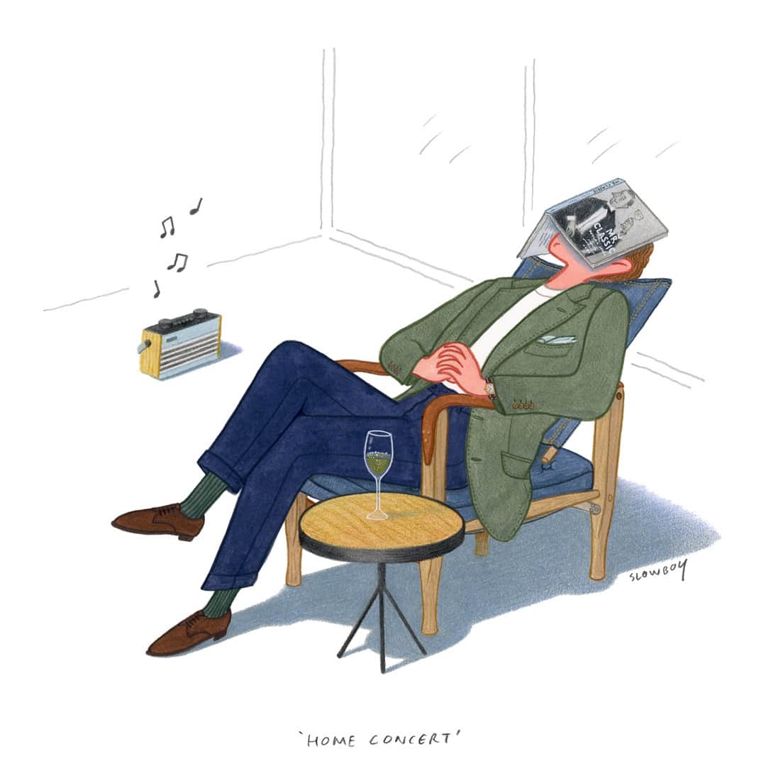 ハケットのインスタグラム：「Missing listening to live music this summer? Bring the concert indoors with this latest illustration from @mr.slowboy which features the Hackett gentleman in his element: listening to music, drinking something cold and refreshing, dressed in his favourite smart-casual pieces. Head to the link in bio to shop the look today.⠀ At Hackett, we STAY Caring, we #STAYHackett.」