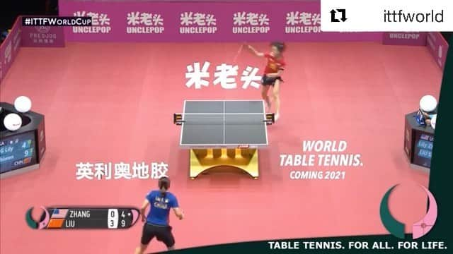 リリー・チャンのインスタグラム：「Sorely missing this game. Never in a million years did I expect to make the semifinals of a World Cup - ‘Twas a true honor to get smacked by the living legend Liu Shiwen 🤩 @ittfworld #ITTFWorldCup #repost」