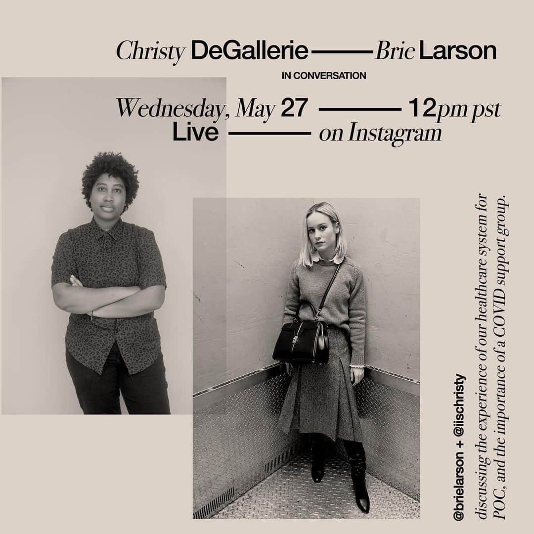 ブリー・ラーソンのインスタグラム：「Tomorrow(Wednesday), I will be speaking with @iischristy on the experience of our healthcare system for POC, as well as the importance of COVID support groups. 🥰 I’m grateful to everyone who takes the time to open their hearts and minds and learn about the issues facing our fellow humans. Let’s keep growing together 🥰」