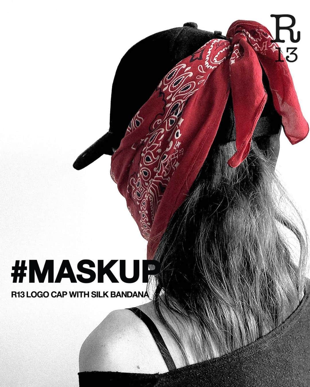のインスタグラム：「Now Available in leopard, blue, red and black 100% Italian Silk. #MASKUP | The re-engineered R13 logo cap is updated and enhanced with a silk face mask attached that eliminates slippage even during rigorous activities. Available now at R13.COM #shopr13 #r13 #r13denim」