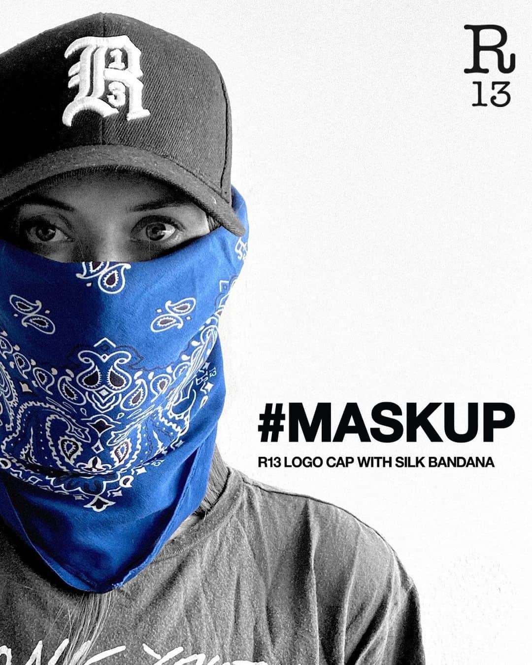 のインスタグラム：「Now Available in leopard, blue, red and black 100% Italian Silk. #MASKUP | The re-engineered R13 logo cap is updated and enhanced with a silk face mask attached that eliminates slippage even during rigorous activities. Available now at R13.COM #shopr13 #r13 #r13denim」