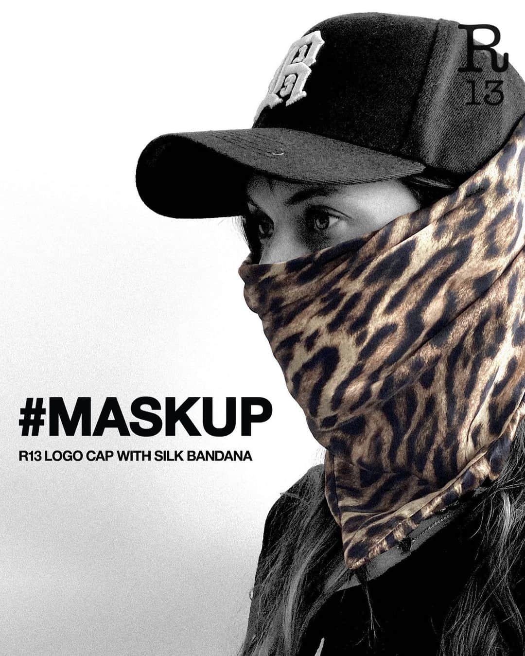 のインスタグラム：「Now Available in leopard, blue, red and black 100% Italian Silk. #MASKUP | The re-engineered R13 logo cap is updated and enhanced with a silk face mask attached that eliminates slippage even during rigorous activities. Available now at R13.COM #shopr13 #r13 #r13denim」