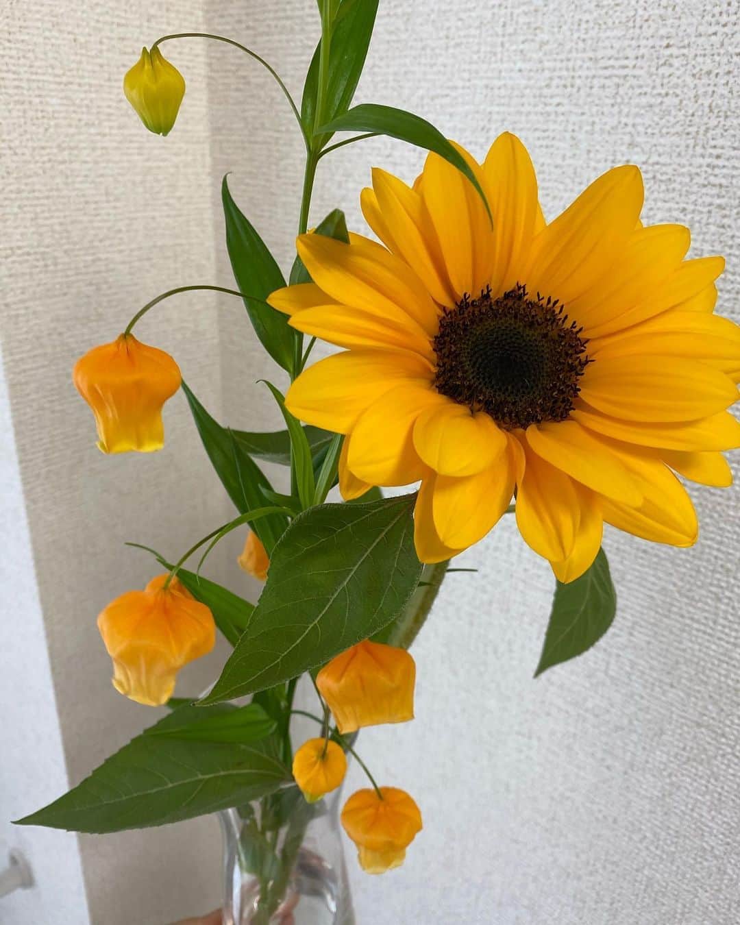 吉江瞳のインスタグラム：「黄色は元気が出る色です❤️ 一輪挿しもいいけどこーゆー感じもいいね❤️ お花ってすごく気持ちに余裕を持たせてくれる気がします☺️ 忙しくても続けようと思う🌻 #お花のある生活 #一輪挿し」