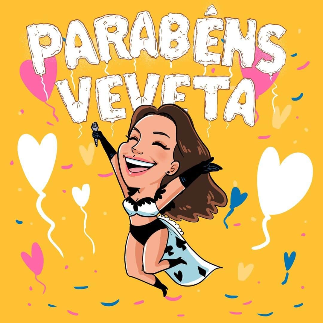 イヴェッチ・サンガロさんのインスタグラム写真 - (イヴェッチ・サンガロInstagram)「#ParabensVeveta 🎂🎈 .  #PraCegoVer: A ilustração mostra Ivete pulando de felicidade com um microfone na mão, de olhos fechados e um figurino de Carnaval. Ela usa um top e um short com uma capa. Nela há estampado naipes de cartas. Ainda na cena temos balões de coração nas cores branca e rosa, com balões brancos em formato de letras escrito ''Parabéns Veveta''. Arte: @petitabel」5月27日 11時59分 - ivetesangalo