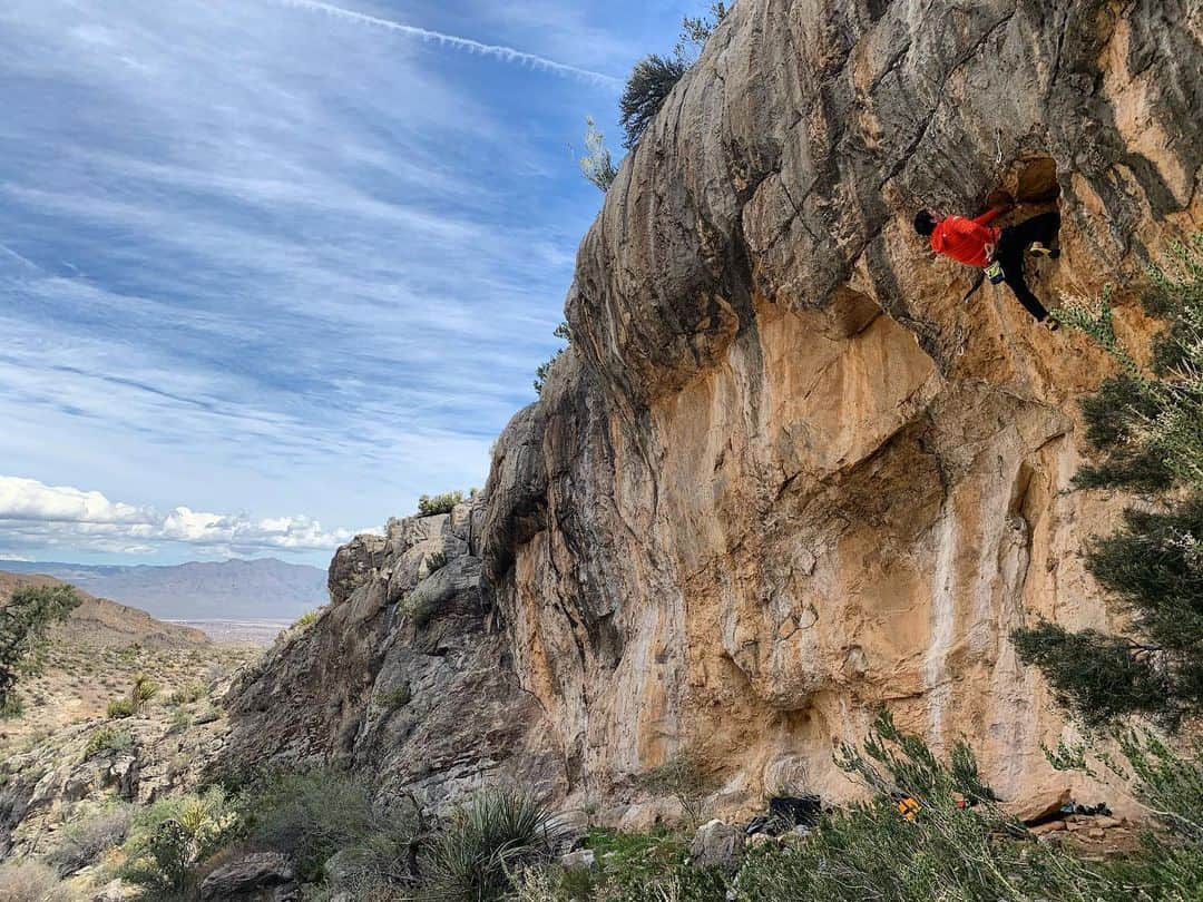 アレックス・オノルドのインスタグラム：「Here’s a pic that @sannimccandless took of some our socially distant climbing from earlier this season - we checked out an obscure wall that required 4wheeling, mountain biking, and hiking to get to (hence the absence of crowds). I warmed up on this cool little 5.11b (6c) with Sanni and enjoyed it so much that I did it again by myself. It’s been fun finding little gems around town - this is why I love Vegas. But feeling ready for bigger adventures again as soon as it seems reasonable...」