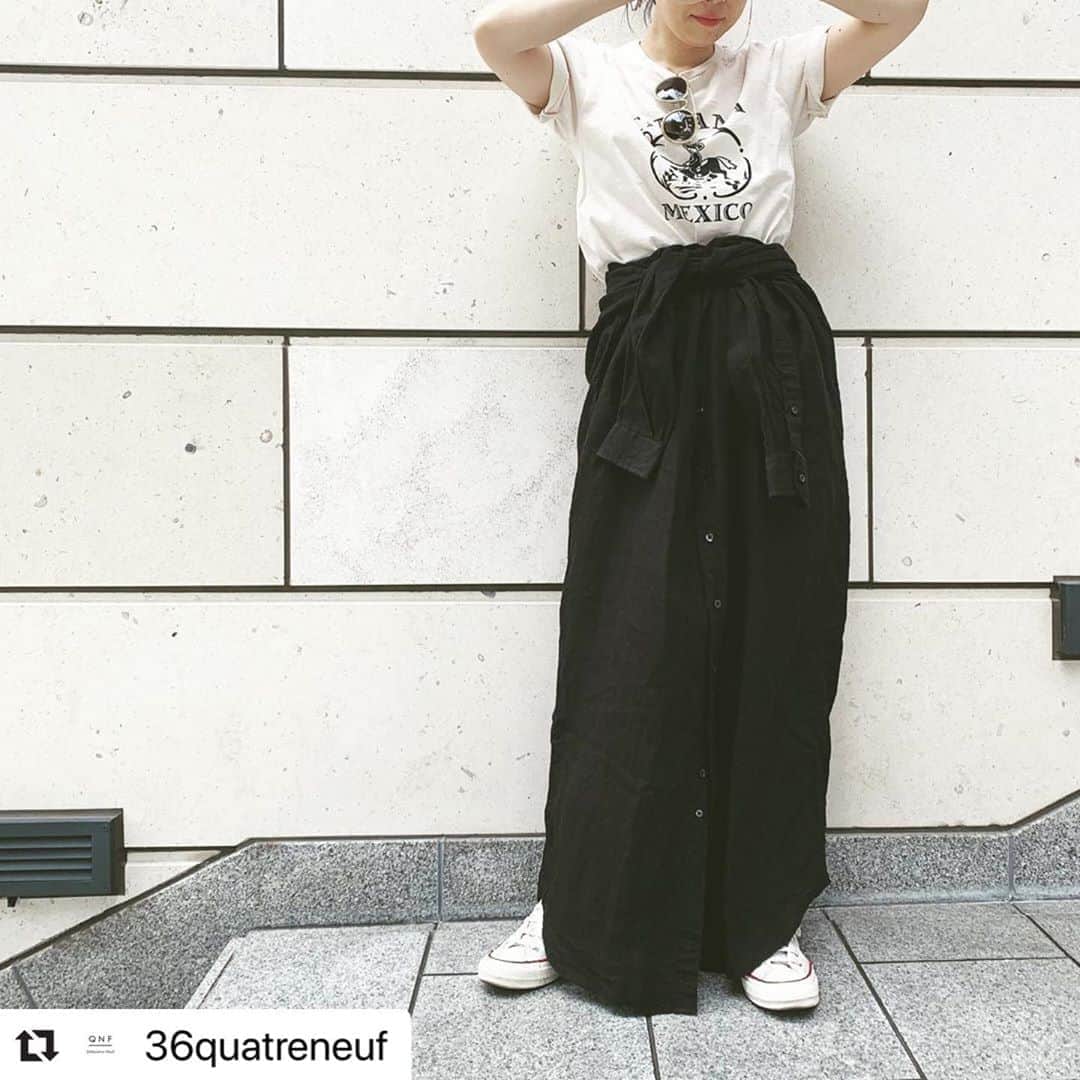 のインスタグラム：「Thank you @36quatreneuf ! #Repost @36quatreneuf with @make_repost ・・・ シャツワンピースをあえてスカート風に。  シンプルに合わせるのも良し。 お好みのボトムスと合わせるの良し。 何を組み合わせても合わせやすいロゴTシャツ。 あなただけのオリジナルスタイリングを確立させて。  Tシャツとシャツワンピースは 近日オンラインストアで販売予定となっております。 @36quatreneuf」