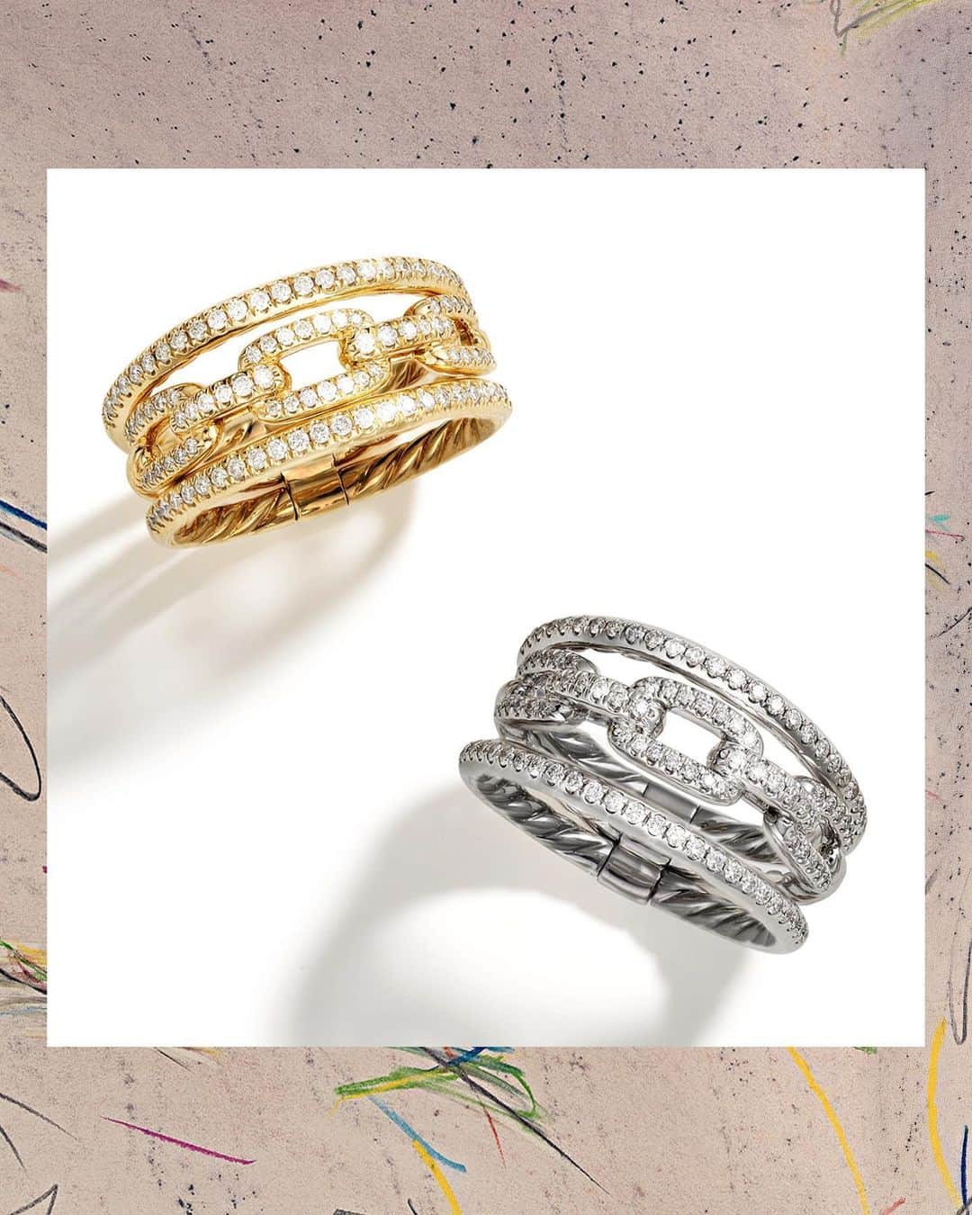 デビッドヤーマンのインスタグラム：「Delicately crafted with expertise. These diamond-encrusted Stax rings in 18k yellow or white gold give the appearance of three-rings engineered into one, flawless design. #DavidYurman」