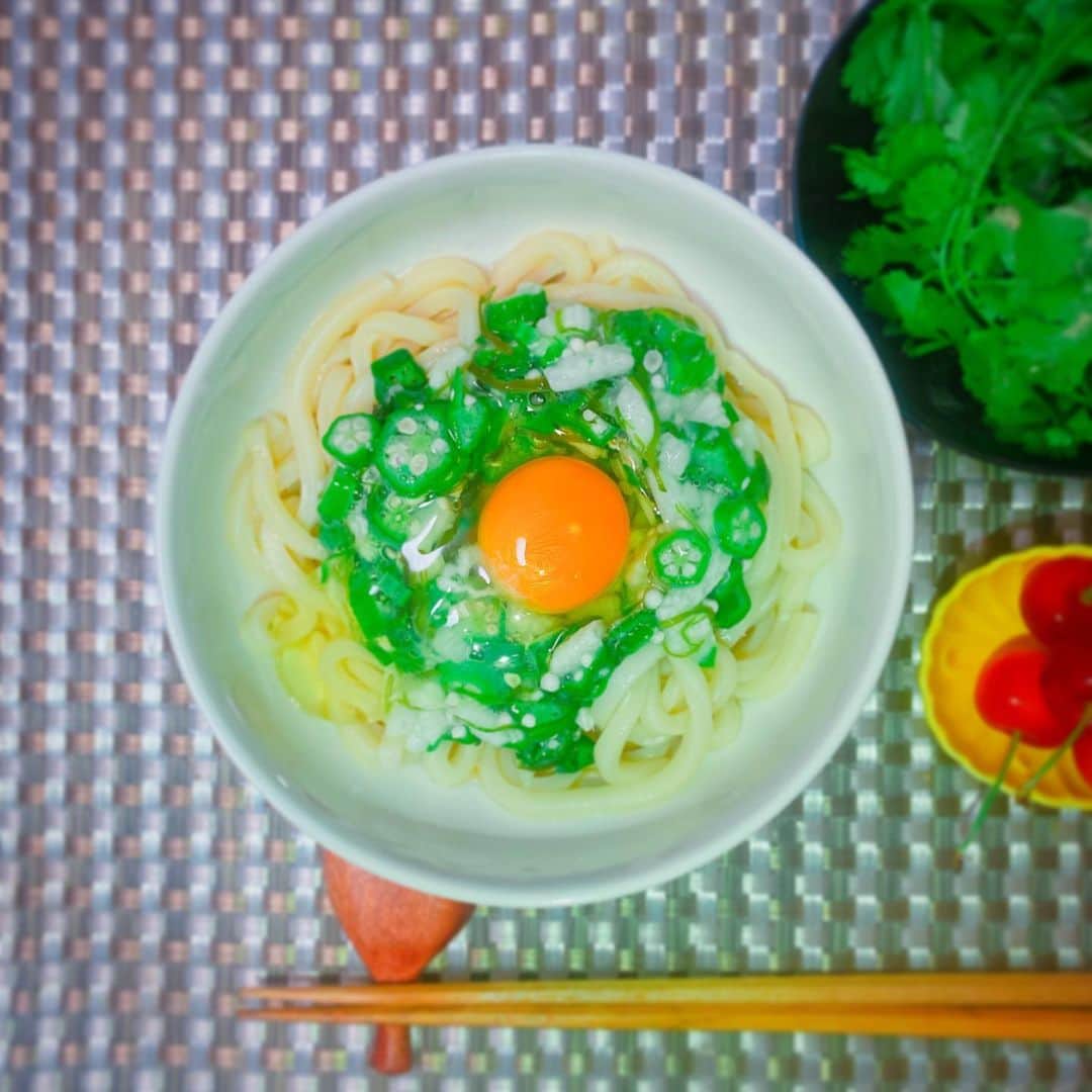 小峰みこさんのインスタグラム写真 - (小峰みこInstagram)「. #ねばねばうどん #パクチーサラダ  #さくらんぼ . てきとーな日のごはん🍽 . #stayhome #おうちごはん #おうち時間 #一人暮らしごはん #麺活 #おうち麺活 #うどん #udon #おくら #めかぶ #山芋 #卵 #出汁醤油 #醤油 #ポン酢 #ブレンドつゆ #yummy #japanesefood #micoごはん #mico麺」5月28日 6時36分 - mico_19911201