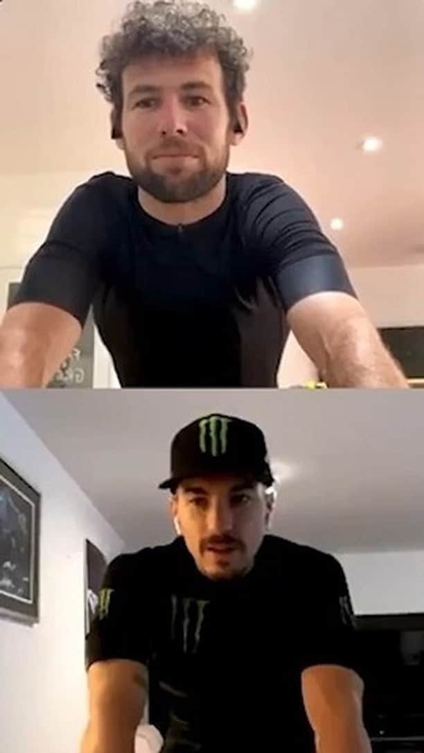 マーク・カヴェンディッシュのインスタグラム：「Well, riding with @maverick12official on @gozwift was a brilliant way to spend the 3rd installment of #thecavsessions with @monsterenergy athletes. I knew he was fit, but WOW he goes fast on a bike with or without an engine!! Was so cool hearing about his absolute desire and will to win. Nice one mate 👊 Buzzing!! #hydrosport #crushquarantine」