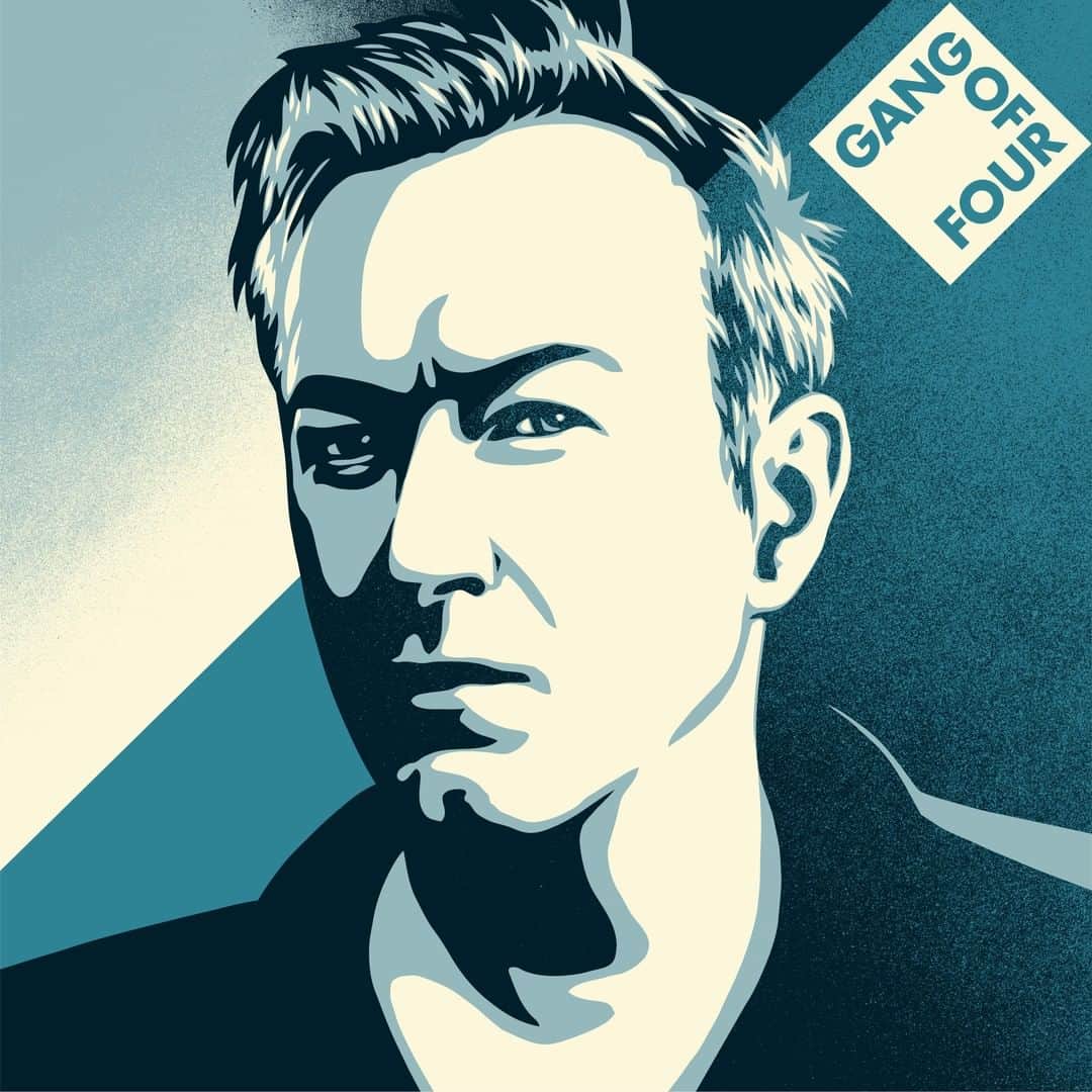 Shepard Faireyのインスタグラム：「Gang of Four has been a profound inspiration for me because the band demonstrates that great art can powerfully merge pleasure and intellectual provocation. I was devastated to hear of Andy Gill’s passing, but honored to make a portrait of him in the hope of creating an iconic image of one of my heroes—with apologies to Andy, to me he was a hero— to serve as a reminder that though life may be fleeting, Andy’s potent art and ideas will endure.⁠ ⠀⠀⠀⠀⠀⠀⠀⠀⠀⁠ The surviving members of @gangoffourofficial just shared a new single, "Forever Starts Now!" They will be releasing a brand new EP, "Anti Hero" on July 17th, and all proceeds will go to Guy’s and St Thomas’ Charity. Read more about it through @rollingstone, link in bio. A print of this art will be available in the future, stay tuned!⁠ -Shepard」