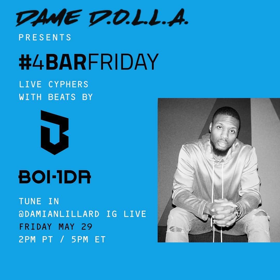 デイミアン・リラードのインスタグラム：「Week 6 of my IG Live Cypher Series featuring MCs from my #4BarFriday community is back tomorrow at 2PM PT/5PM ET. Just something I’m doing to give under the radar MCs a platform to showcase their skills while we are all stuck in the house. The bar was raised during last week’s cypher, so I can’t wait to see what this new set of MCs comes up with this week. This week’s producer of the week is @boi1da! @noveltyrap, @jessvibe, @danakadaniel, @knowaking, @devinecarama, @itsyaboy_cam, @sicariososa and @justusraps...be ready to show what you can do on the 🎙 over these 🔥@boi1da beats! See y’all on my IG live tomorrow. #StayHome #BoredInTheHouse」