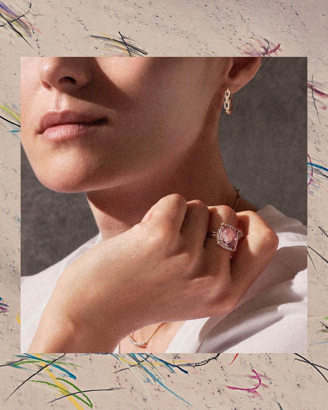デビッドヤーマンのインスタグラム：「Forever perfect.  The simplicity of pave diamond Stax earrings complement the blush-pink hue of this elegant Morganite Châtelaine® ring. #DavidYurman」
