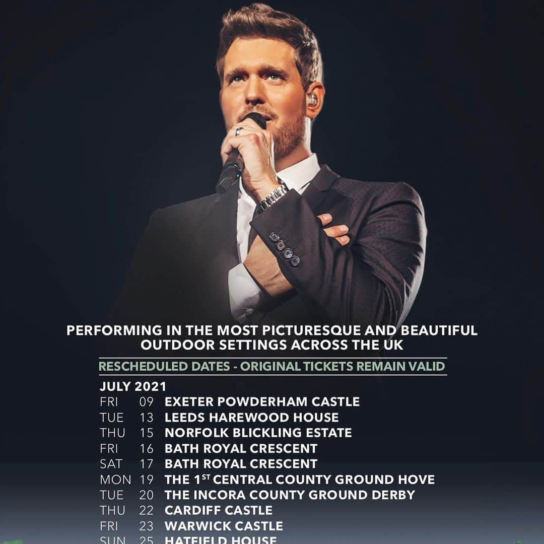 マイケル・ブーブレのインスタグラム：「The UK summer shows have been rescheduled to July 2021. All tickets are still valid, can’t wait to see you there!」