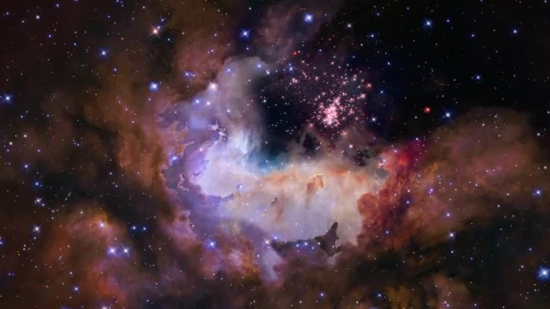 のインスタグラム：「In planet formation, it's location, location, location!  Astronomers using NASA's Hubble Space Telescope are finding that planets have a tough time forming in the rough-and-tumble central region of the massive, crowded star cluster Westerlund 2. Located 20,000 light-years away, Westerlund 2 is a unique laboratory to study stellar evolutionary processes because it's relatively nearby, quite young, and contains a large stellar population.  A three-year Hubble study of stars in Westerlund 2 revealed that the precursors to planet-forming disks encircling stars near the cluster's center are mysteriously devoid of large, dense clouds of dust that in a few million years could become planets.  However, the observations show that stars on the cluster's periphery do have the immense planet-forming dust clouds embedded in their disks. Researchers think our solar system followed this recipe when it formed 4.6 billion years ago.  So why do some stars in Westerlund 2 have a difficult time forming planets while others do not? It seems that planet formation depends on location, location, location. The most massive and brightest stars in the cluster congregate in the core, which is verified by observations of other star-forming regions. The cluster's center contains at least 30 extremely massive stars, some weighing up to 80 times the mass of the Sun. Their blistering ultraviolet radiation and hurricane-like stellar winds of charged particles blowtorch disks around neighboring lower-mass stars, dispersing the giant dust clouds.  Read more at the link in our bio.  Credit: NASA, ESA, the Hubble Heritage Team (STScI/AURA), A. Nota (ESA/STScI) and the Westerlund 2 Science Team #nasagoddard #nasa #hubble #space #science」