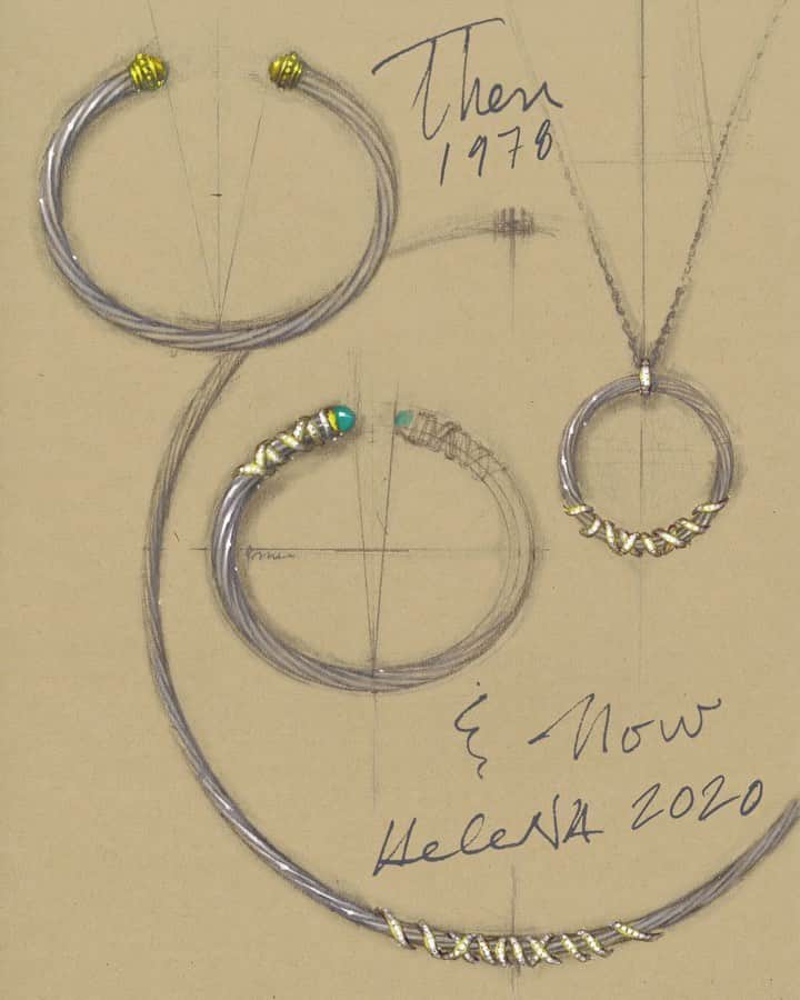 デビッドヤーマンのインスタグラム：「Paying homage to grace and beauty through the years. In 1978, #DavidYurman designed the first Cable bracelet, with loosely twisted strands of Cable. Decades later, the Helena Collection honors the classical tradition of Cable while also drawing inspiration from history. Named for Helen of Troy, one of the most beautiful women in Greek mythology, the wrapping is reminiscent of the beautiful curved straps in antique Greek sandals, with golden threads accented with pave diamonds.」