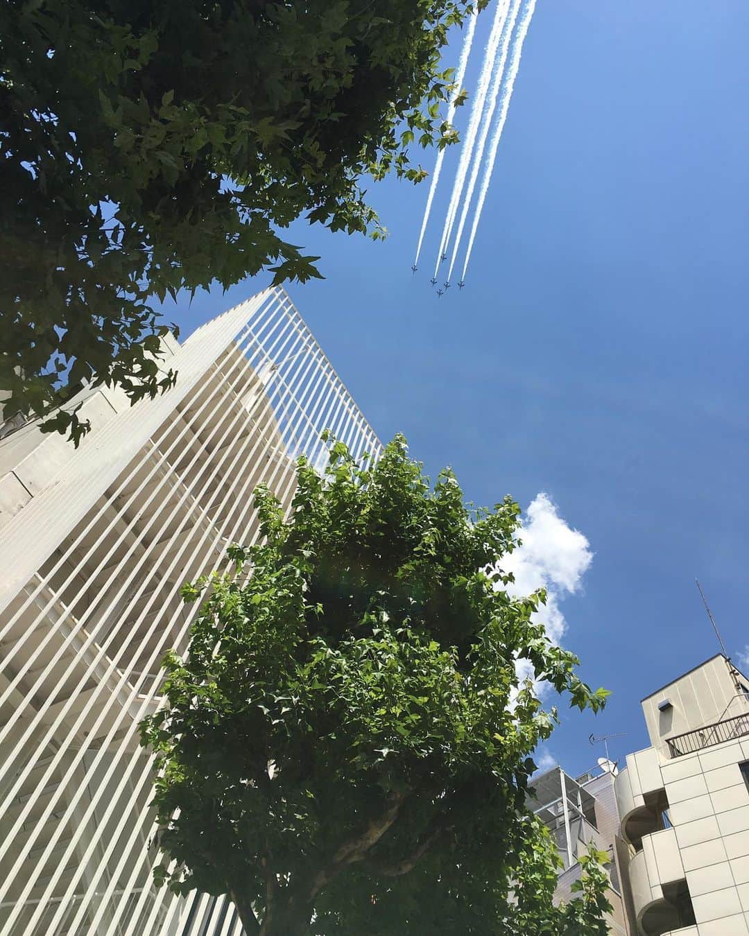 藤田香澄のインスタグラム：「医療従事者の方々へ感謝の意を込めて、宮城県松島基地から東京の上空へ来てくれました*⋆✈ 路地裏で迷子中だった私も励まされました☺️ #ブルーインパルス #医療従事者にエールを」