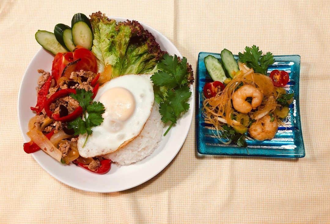 夏奈子のインスタグラム：「今日は大好きな❤️ #ガパオライス と #ヤムウンセン  作りました🥗💕 #ยำวุ้นเส้น ヤムウンセンは は、タイで食べられている酸味のある春雨サラダ🥗 茹でた春雨、エビ、玉ねぎ、 セロリ、キュウリ🥒パクチー #きゅうり　と、 #セロリ、　#玉ねぎ は、塩もみしてから和えました❤️ #にんにく🧄 #生姜 #胡麻油 も少々❤️ #タイ料理 #大好き #ナンプラー #自炊 #美味 #美味しい」