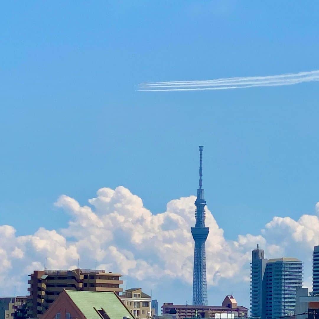 奥家沙枝子のインスタグラム：「みんなが同じ空を見上げているとおもったら、グッときた✈️ . 医療従事者のみなさん、エッセンシャルワーカーのみなさん、おうちでがんばってるみなさん、ありがとう💕 . . #感謝　#医療従事者にエールを #ブルーインパルス　#tokyo #japan #stayhome #staysafe #staypositive #bluesky」