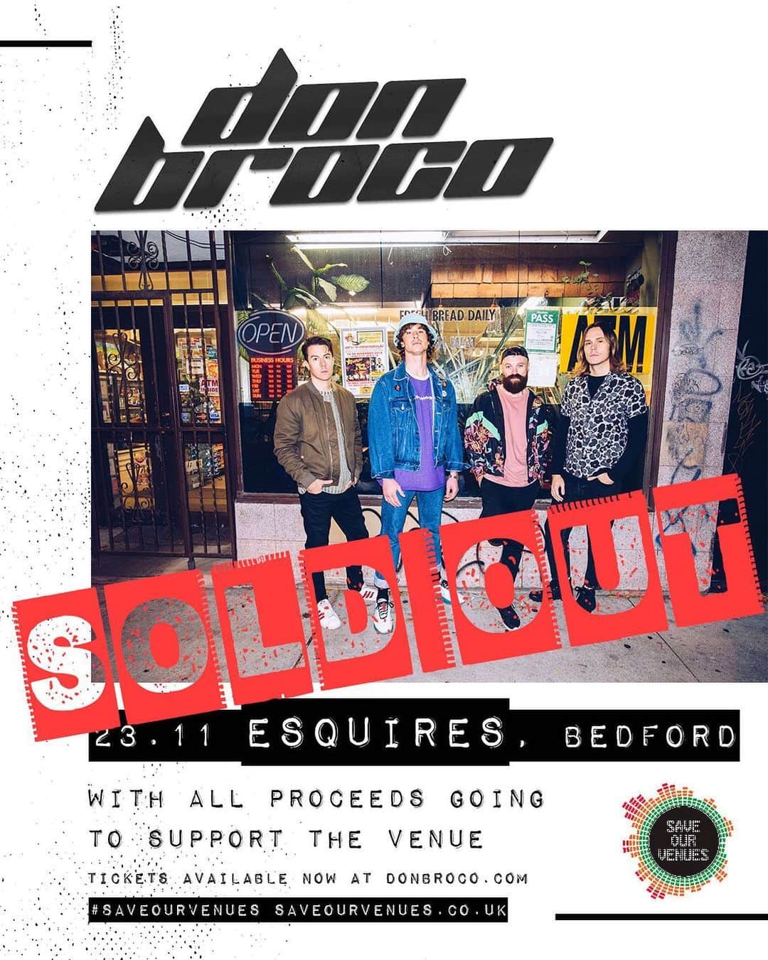 Don Brocoのインスタグラム：「Woah think we have a new record you sold out this show in 43 seconds! Thank you for supporting @bedfordesquires ❤️ if you missed out on tix but still wanna help pls head to saveourvenues.co.uk @musicvenuetrust. Hundreds of grassroots venues are in risk of permanent closure so you can donate to save a particular venue & there’s also a national crowdfunder set up to #saveourvenues 🙌  P.S we’ve had reports of a number of touts selling fake tickets tickets on here + twitter so pls be wary! If you didn’t buy them directly from our website they’re not legit!」