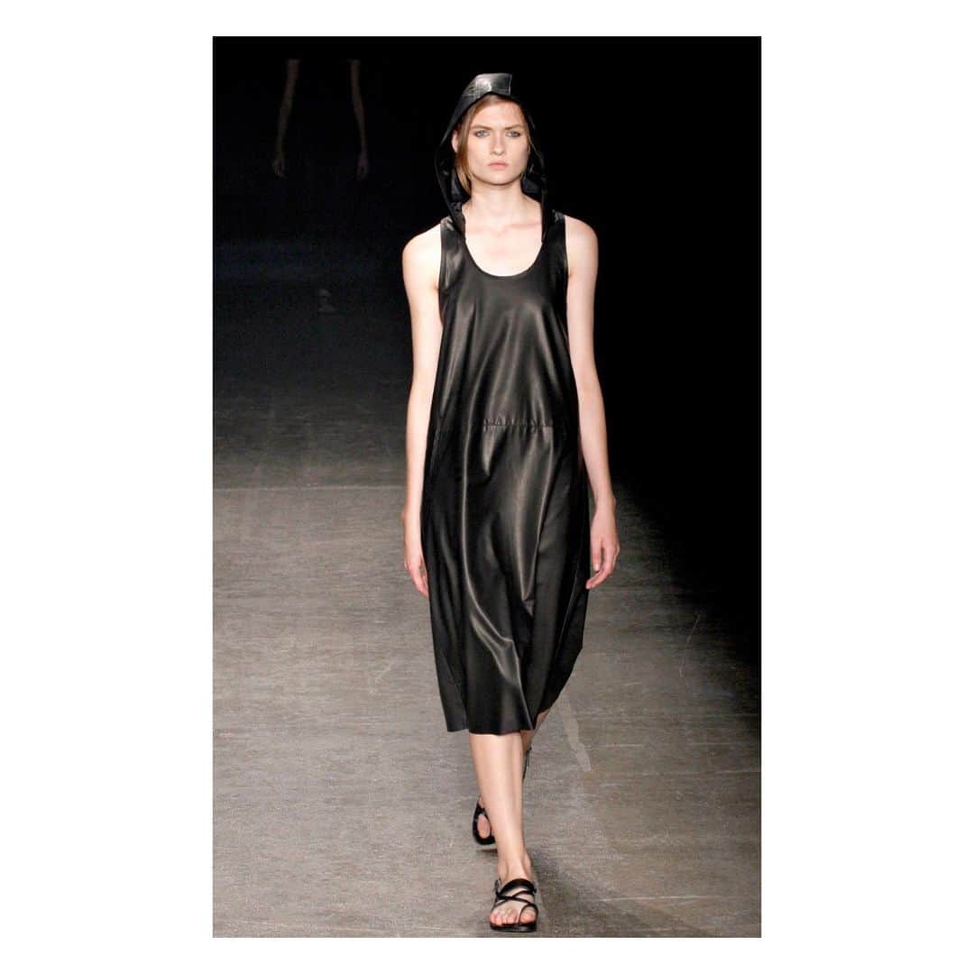 のインスタグラム：「Lara in a  hoodie leather Napa Dress!  #shoponline #archive  #yigalazrouel  #model @lara_mullen #madeinnewyork  #runway @voguerunway #leatherdress」