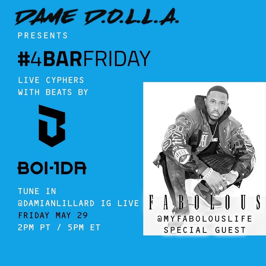 デイミアン・リラードのインスタグラム：「Starting Week 6 of my IG Live Cypher Series at 2pm PT/5pm ET. Confirmed @myfabolouslife @boi1da and @getbenny as special guests to give feedback to the #4BarFriday MCs participating today! Just trying to give folks a positive outlet during these anxious times. See y’all on my live in 20 mins.」