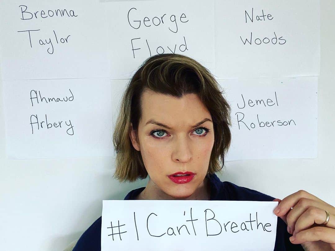 ミラ・ジョヴォヴィッチのインスタグラム：「These are just a few names of the many African Americans who have been murdered by our so called justice system. This needs to stop NOW. We need to re educate our police officers to weed the hateful ones out. We need to demand for change in the way our government treats people of color. The War On Drugs needs to be ended. This epidemic of privatized mass incarceration needs to end. We need to treat others as we would like to be treated. End of story. Follow attorney @leemerrittesq, follow activist @shaunking, follow @grassrootslaw to get more information and find out how we can come together and make change happen. And for anyone who says @Shaunking has taken money for private use, all his statements are public record. Look them up before you make false accusations. #stateofemergency #makechangehappen #icantbreathe #justiceforbigfloyd #justiceforahmaud #justiceforbreonnataylor #justicefornatewoods #justiceforjemelroberson #wecantbreathe」