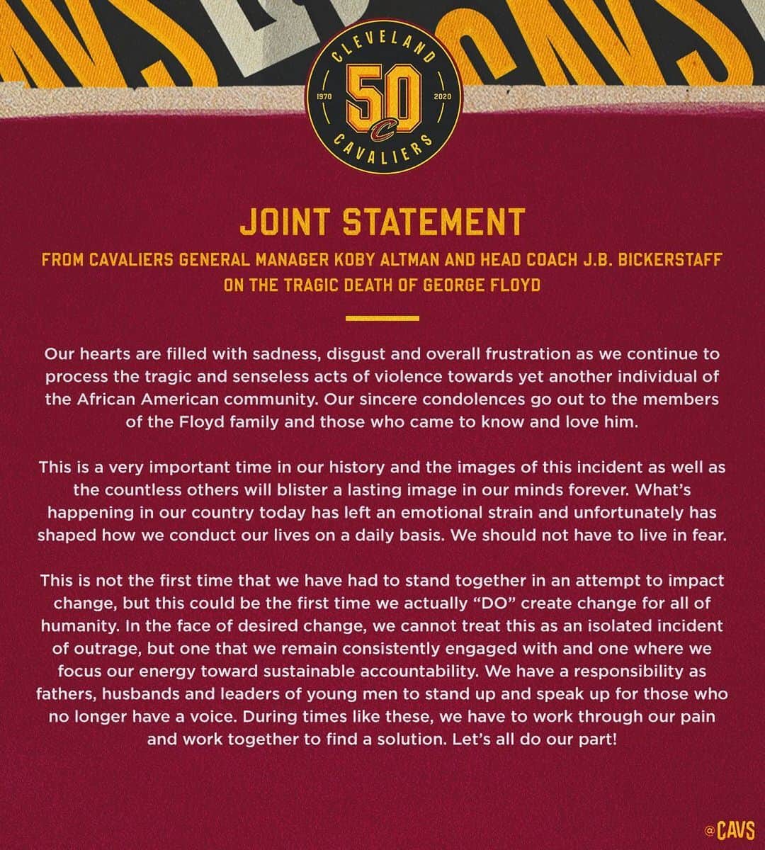 キャブスさんのインスタグラム写真 - (キャブスInstagram)「Statements from the Cleveland Cavaliers Organization, General Manager Koby Altman and Head Coach J.B. Bickerstaff: “On The Tragic Death of George Floyd”」5月30日 7時30分 - cavs