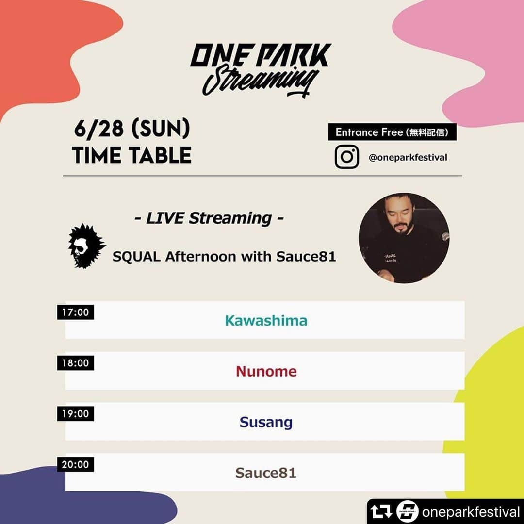 社長さんのインスタグラム写真 - (社長Instagram)「【ONE PARK STREAMING 5pm ON AIR】 @oneparkfestival フォローお願いします！ -  今日の ONE PARK STREAMINGには、Sauce81氏が登場！彼がいなければONE PARK FESTIVALは無かったかもしれない、影のキーパーソンなんです。  福井のローカルシーンを盛り上げてきた @squal_tune がお送りするSQUAL afternoon with Sauce81はこの後17時スタートです。  #repost @oneparkfestival ・・・ 𝟲/𝟮𝟴(𝗦𝗨𝗡)17:00〜!!! . "6月からSTARTした #oneparkstreaming もいよいよ 今週日曜で6月の回ラスト‼️ . 🎧-LIVE Streaming-🎹 . @squal_tune  Afternoon with "@sauce81 " . 福井のストリートカルチャーを牽引し続け四半世紀🤭🛹" #SQUAL " 🏂が定例で開催している . "夜の街を彩る" #SQUALNight が⁉️ . 【SQUAL Afternoon】として去年のOPFにもご出演、SQUAL Nightでもお馴染みの"@sauce81 " をゲストに迎えてONE PARK Streamingに登場〜！！！ . 🕓TIME TABLE 🕗 . 17:00- Kawashima 18:00- Nunome 19:00- Susang 20:00- Sauce81 . . おたのしみに♥️ .  #oneparkfestival  #ワンパークフェス #oneparkstreaming  #sauce81#music#livestreaming #live#おうち時間#おうちじかん #おうちじかんを楽しもう」6月28日 15時49分 - shachosoilpimp