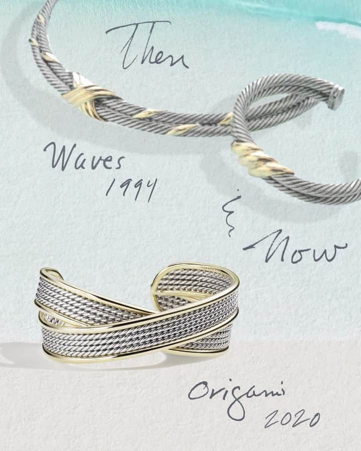 デビッドヤーマンのインスタグラム：「Making waves. The fluidity of cable crossing over one another in the original Waves Collection evolved into our current DY Origami Collection, where rows of thin cable elegantly cross and wrap around the body. Origami, an art form that transforms a simple sheet of paper into endless possibilities, inspires #DavidYurman and his designs, who transformed gold and silver into jewelry with a similar sensibility.」