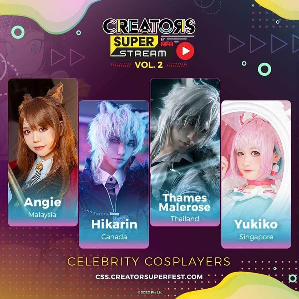 ひかりんのインスタグラム：「Hello everyone ! I am live right now with Thames Malerose from Thailand, Angie from Malaysia, Yukiko from Singapore! For Creators super Fest ♥️ link in story We will be talking in the show because we have various exciting activities on stream for both you and Guest Cosplayers! We have a QnA, Game Play session, reviewing competition result and more! Dont miss the stream! Creators Super Stream 2020 Vol.2 Friday - Sunday, 26 - 28 June 2020 https://css.creatorsuperfest.com/ Stay Home, Stay Safe, Stay Creative!」