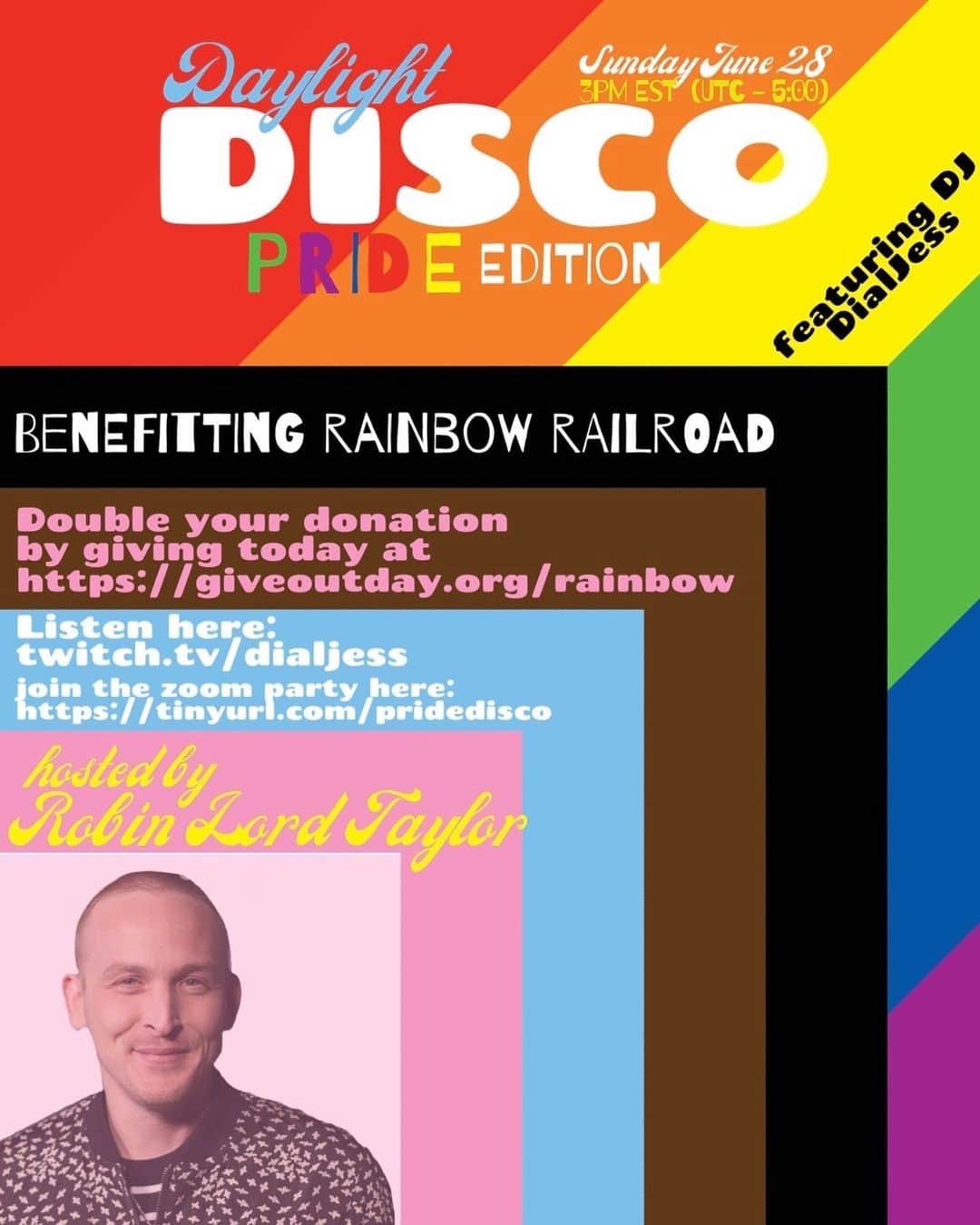 ロビン・ロード・テイラーのインスタグラム：「TODAY! I’m hosting a Pride Daylight Disco benefiting @rainbowrailroad! 3-5 EST! @dialjess is our gawgeous DJ! Matching donations—link in bio! See you this afternoon! ❤️🏳️‍🌈❤️」