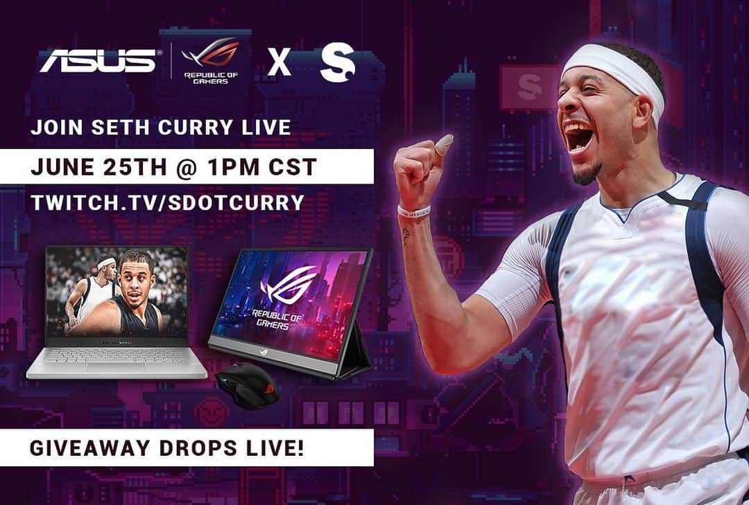 セス・カリーのインスタグラム：「Big giveaway stream TOMORROW 6/25 1pm CT!  Me and @asususa partnered to give away a full portable gaming setup to 1 random person my twitch community. #GameWithSeth All you have to do is be in the stream tomorrow and you have a chance to win the following: 1. ASUS ROG Zephyrus G14 notebook 2. ASUS ROG STRIX XG17 portable gaming monitor 3. ASUS ROG Chakram gaming mouse Twitch.tv/sdotcurry」