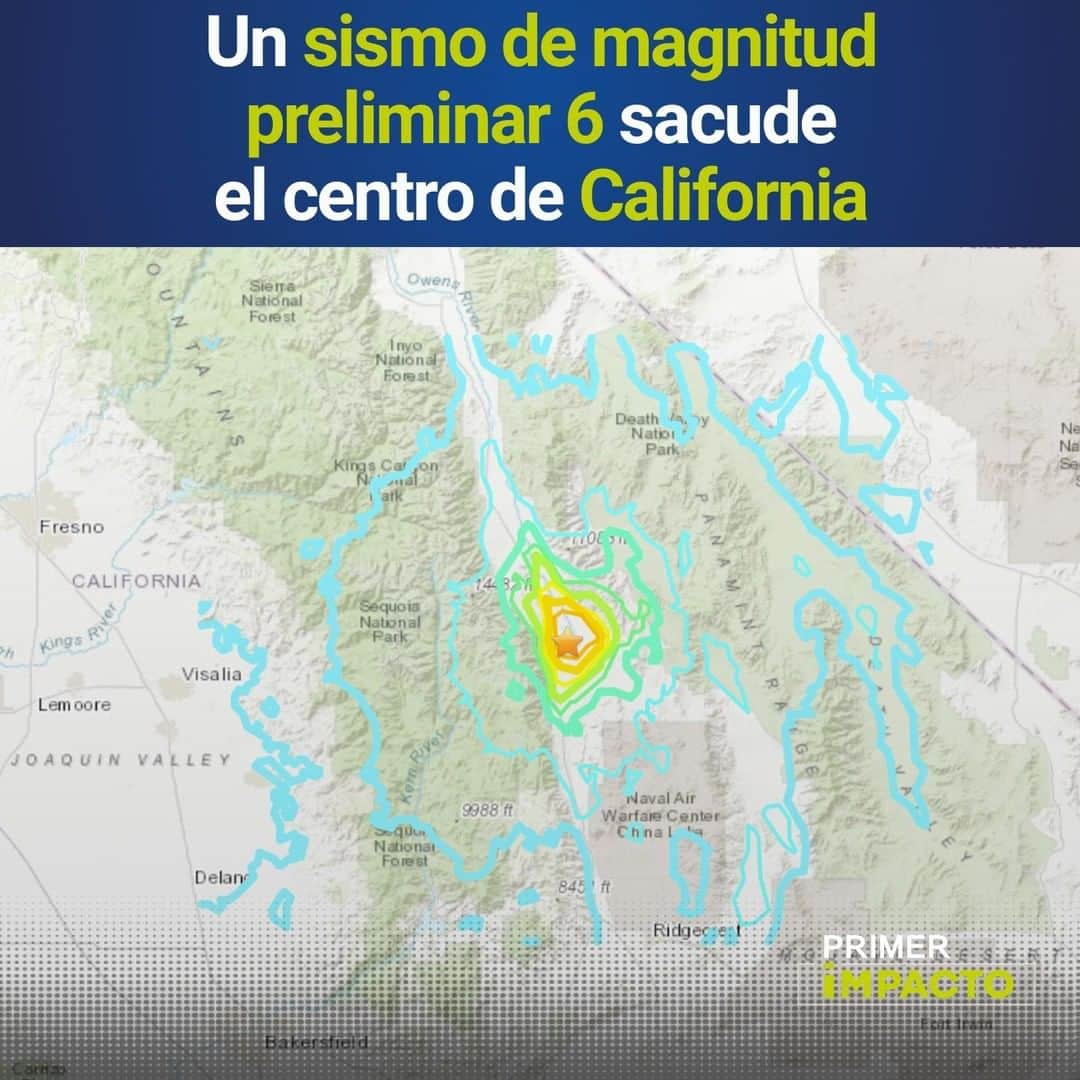 Primer Impactoさんのインスタグラム写真 - (Primer ImpactoInstagram)「Un sismo de magnitud preliminar 6 sacude el centro de California, informa el Servicio Geológico.  El reporte señala que la profundidad fue de 1.8 millas (2.9 kilómetros). Por otra parte, el epicentro se situó a 10 millas (17 kilómetros) al sur- sureste de Lone Pine, California.  Entre las localidades cercanas al sismo, se encuentran al suroeste Bakersfield a 96 millas (154.8 kilómetros) y la ciudad de Fresno, a 103.5 millas (166.6 kilómetros) al oeste - noroeste. Ninguna ha reportado daños hasta el momento.  Como el epicentro se situó en una línea entre el Parque Nacional Sequoia y el de Death Valley, el terremoto no se ha sentido en ciudades costeras más lejanas como Los Ángeles.  #PrimerImpacto.」6月25日 2時59分 - primerimpacto
