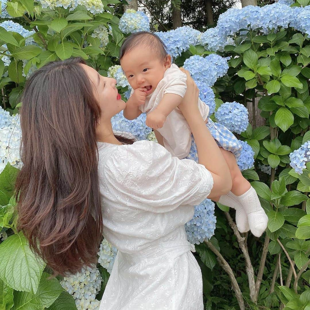 ゆかさんのインスタグラム写真 - (ゆかInstagram)「Love these flowers 🍀🍀 . . チェジュ島に、紫陽花が綺麗な季節がやってきたよ🍀🍀 ロハンと見る、初めての紫陽花だね🌷 ロハンにとっての色んな"初めて"がワクワク、ニコニコであってほしいなって☺️ ママは毎日それだけ考えてる💖 . . 제주도에 #수국 이 예쁜 계절이 왔습니다🍀 로한이랑 보는 첫 수국 🌷 매일 로한이가 맞이하는 그 어떤 "첫 걸음"도 로한이가 설레고 미소로 가득하면 좋겠다고  엄마는 매일 그것만 생각해 :) . .  #제주도 #맘룩 #ママコーデ  #가족사진  #family  #日韓夫婦  #youtuber #아기 #아기스타그램  #tiktokers  #日韓夫婦  #유튜버 #제주맘  #아들맘 #젊줌마룩 #육아 #육아스타그램  #赤ちゃんのいる生活 #한국살이 #국제커플 #국제부부  #부부 #스냅촬영 #韓国生活 #유튜버 #令和ベビー #momlife #韓国在住　#子育てママ #海外生活 #촬영」6月24日 23時22分 - bjyuka