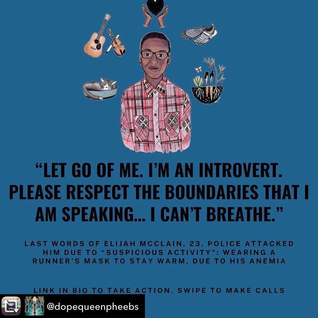 キャリー・クーンのインスタグラム：「Repost from @dopequeenpheebs using @RepostRegramApp - My heart breaks after reading about #ElijahMcClain. Nearly a year ago, Elijah was murdered while he was on his way home from picking up an iced tea for his brother after a 9/11 caller had reported “a suspicious person” in a ski mask. McClain wore the mask because he had anemia and sometimes got cold. The officers - NATHAN WOODYARD, JASON ROSENBLATT, MATTHEW GREEN, and RANDY ROEDEMA - arrived on the scene are responsible for his death. Not only did they intimidate and use excessive force, and their body cams “fell off,” but they were cleared of any wrongdoing and Aurora police chief Nick Metz stated that the officers’ threats to McClain were “unprofessional” (killing someone is not “unprofessional;” it’s abuse of power) and all three officers returned to normal duty in November. This is unacceptable and an abomination. Let’s use our collective voices to demand #JusticeForElijahMcClain. You can call, tweet, sign the petition. Do whatever you have to do.  If you’re going to write an email, here is what I wrote. If you want to use this as a template, just remember to mix it up, so that your email will bypass junk filters. Governor’s email addy: governorpolis@state.co.us:  Governor Polis, I’m writing on behalf of Elijah McClain. I’m demanding the firing of and that charges be pressed against the officers involved in Elijah’s killing: Nathan Woodyard, Jason Rosenblatt, Matthew Green, Randy Roedema, and Sgt Dale Leonard. Elijah McClain was wrongly detained and an unethical "carotid hold" was performed, which led to his death. Elijah was only 23 years old. Elijah should be alive. The Aurora Police Department should be held accountable and defunded. We will not stop until justice is served. Sincerely, Phoebe Robinson  #BlackLivesMatter  Cc: @govofco @auroragov  Artwork: @mattymillerstudio」