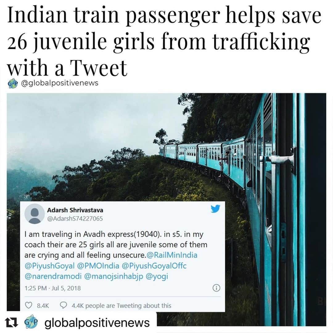 のインスタグラム：「#Repost @globalpositivenews with @make_repost ・・・ Traveling on a train in the Indian state of Uttar Pradesh, Adarsh Shrivastavatimely, tweeted at the railway authorities after he saw something suspicious. 26 girls about 10 to 14 years old were travelling in a large group - crying and scared.⁠ +⁠ The Ministry of Railways quickly forwarded the information to the police. Just a few stops later, police in plainclothes rescued the girls and arrested the two men escorting them - charging them for child trafficking.⁠ +⁠ This incident came less than a month after India’s Railway Board started a campaign to protect vulnerable children from trafficking in the railway system.⁠ --⁠ h/t: Global News⁠ Photos: Sachith Hettigodage / Pexels; AdarshS74227065 / Twitter⁠ •••⁠ @globalpositivenews⁠ @globalpositivenews⁠ @globalpositivenews⁠ .⁠ .⁠ .⁠ #caring #heartwarming #positivepsychology #globalpositivenews #news #somegoodnews #tanksgoodnews #Positivenews #positivenergy #positivity #onemillionactsofgood⁠ #kindness #kindnessmatters #randomactsofkindness #actsofkindness」
